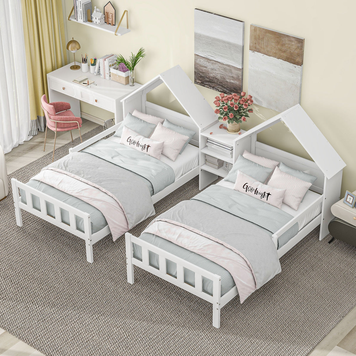 Kids Double Twin Bed Set with Built-in Nightstand, White