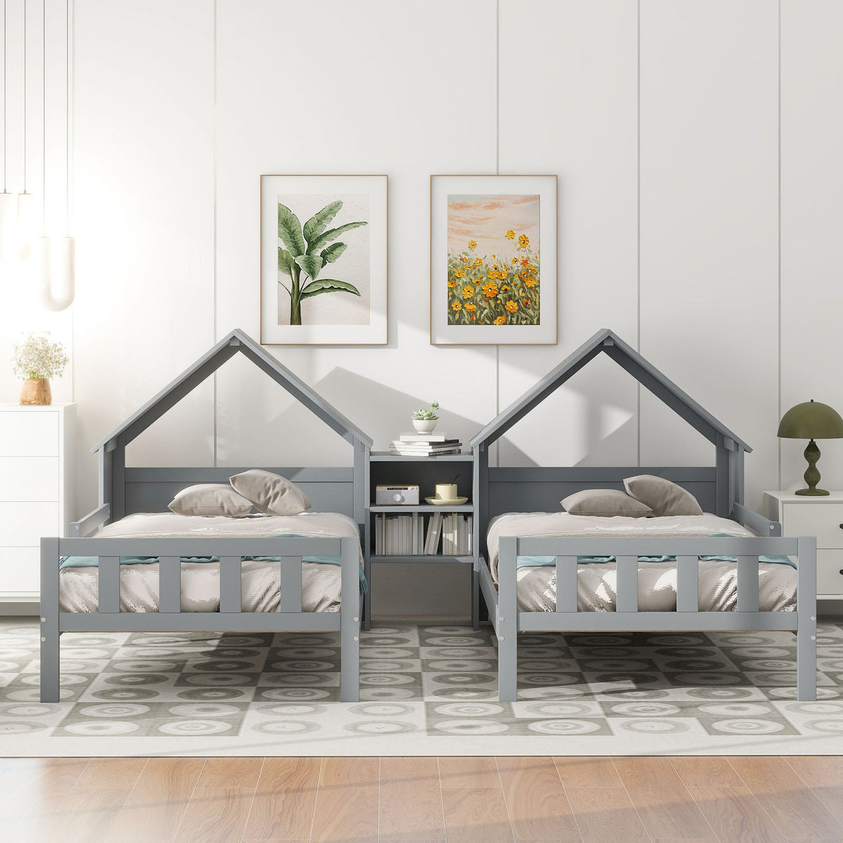 Double Twin Kids Bed with House Headboards and Shelf