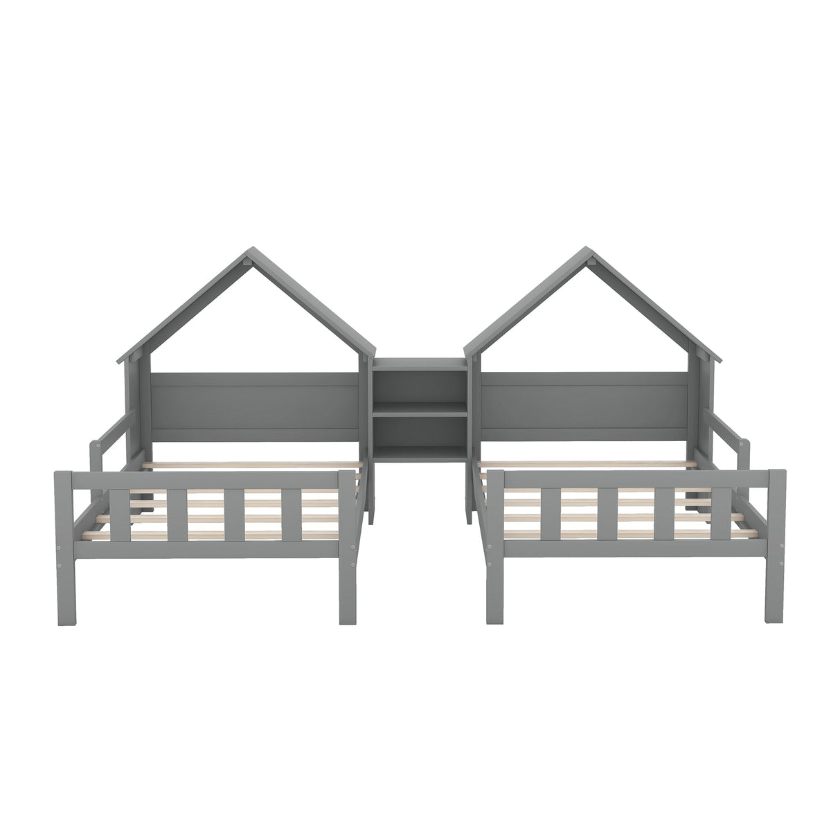 Double Twin Kids Bed with House Headboards and Shelf
