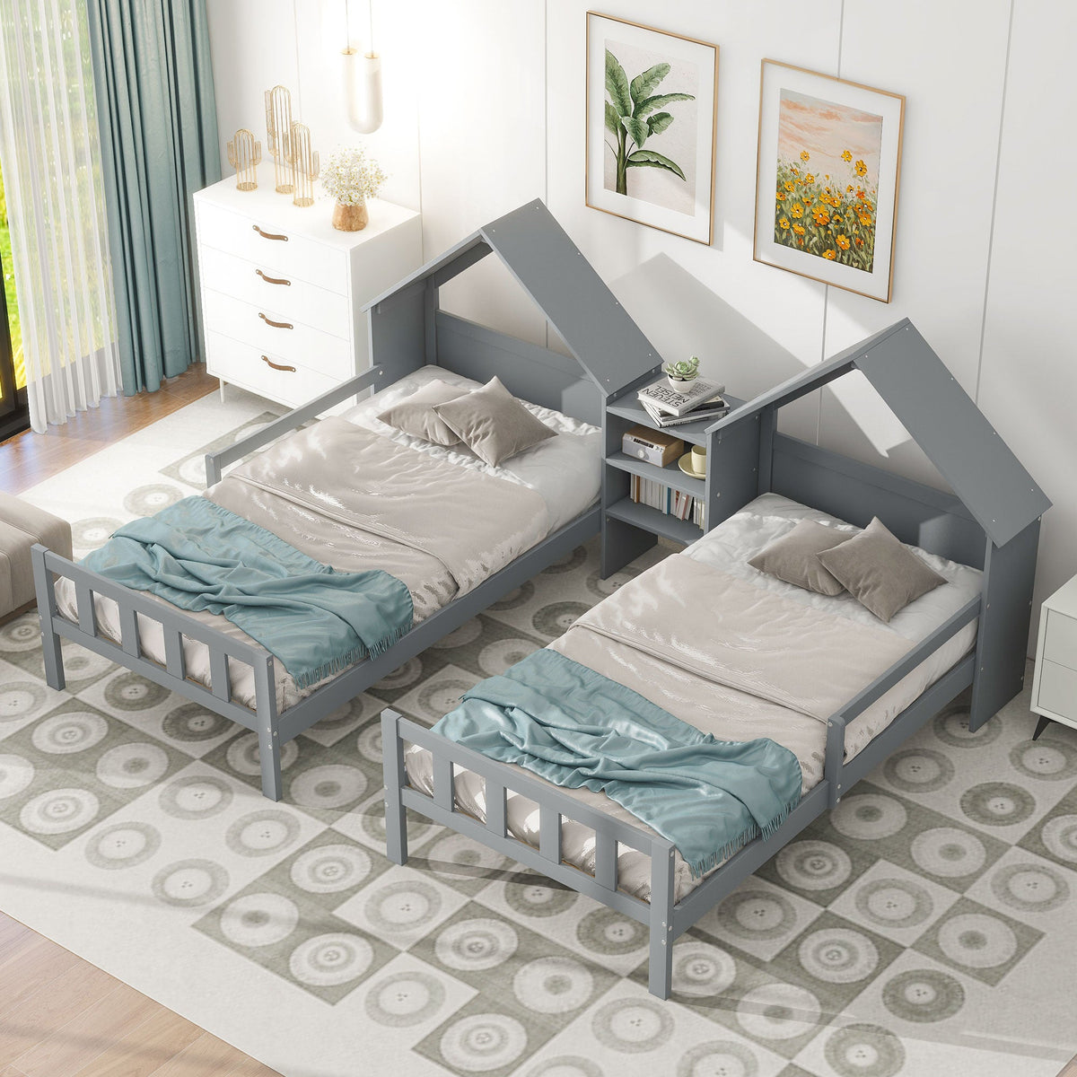 Double Twin Kids Bed with House Headboards and Shelf