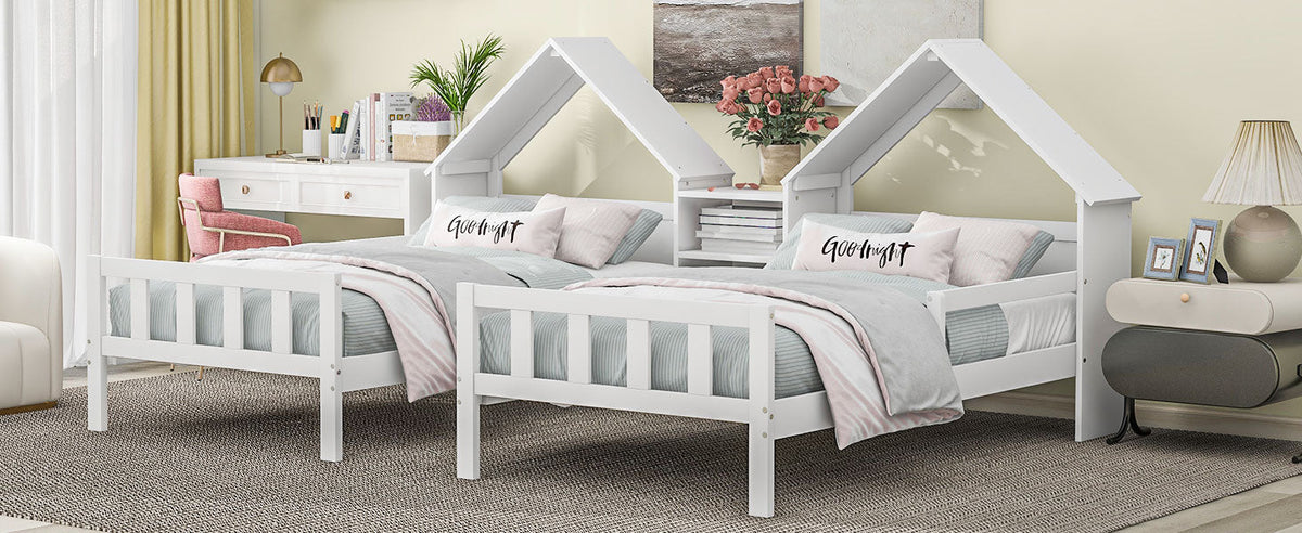 Kids Double Twin Bed Set with Built-in Nightstand, White