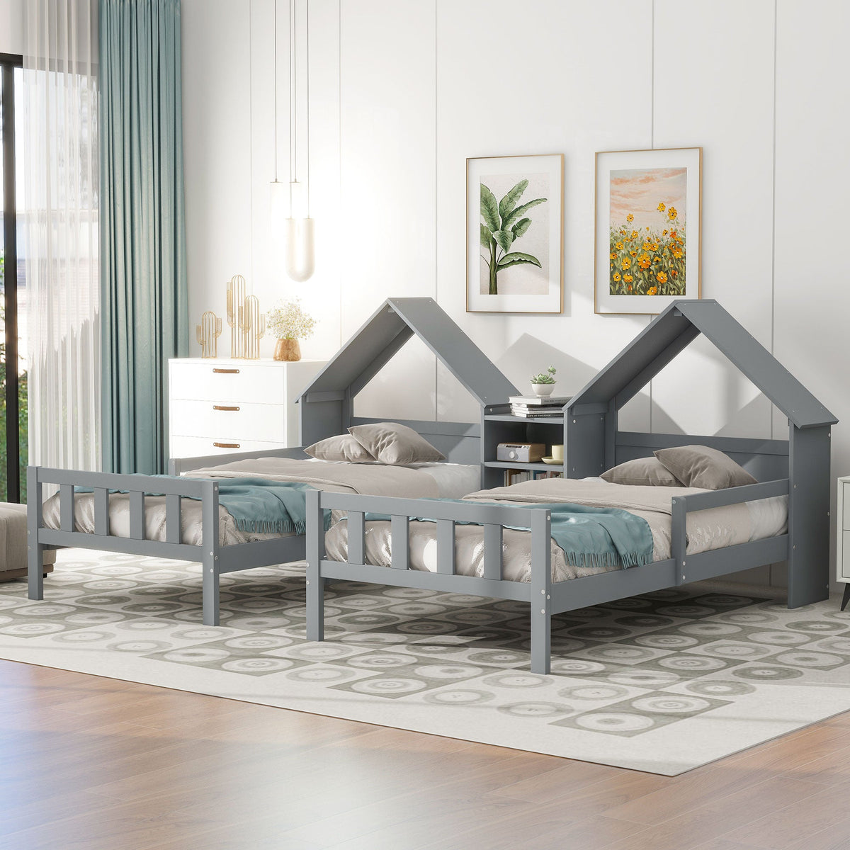 Double Twin Kids Bed with House Headboards and Shelf