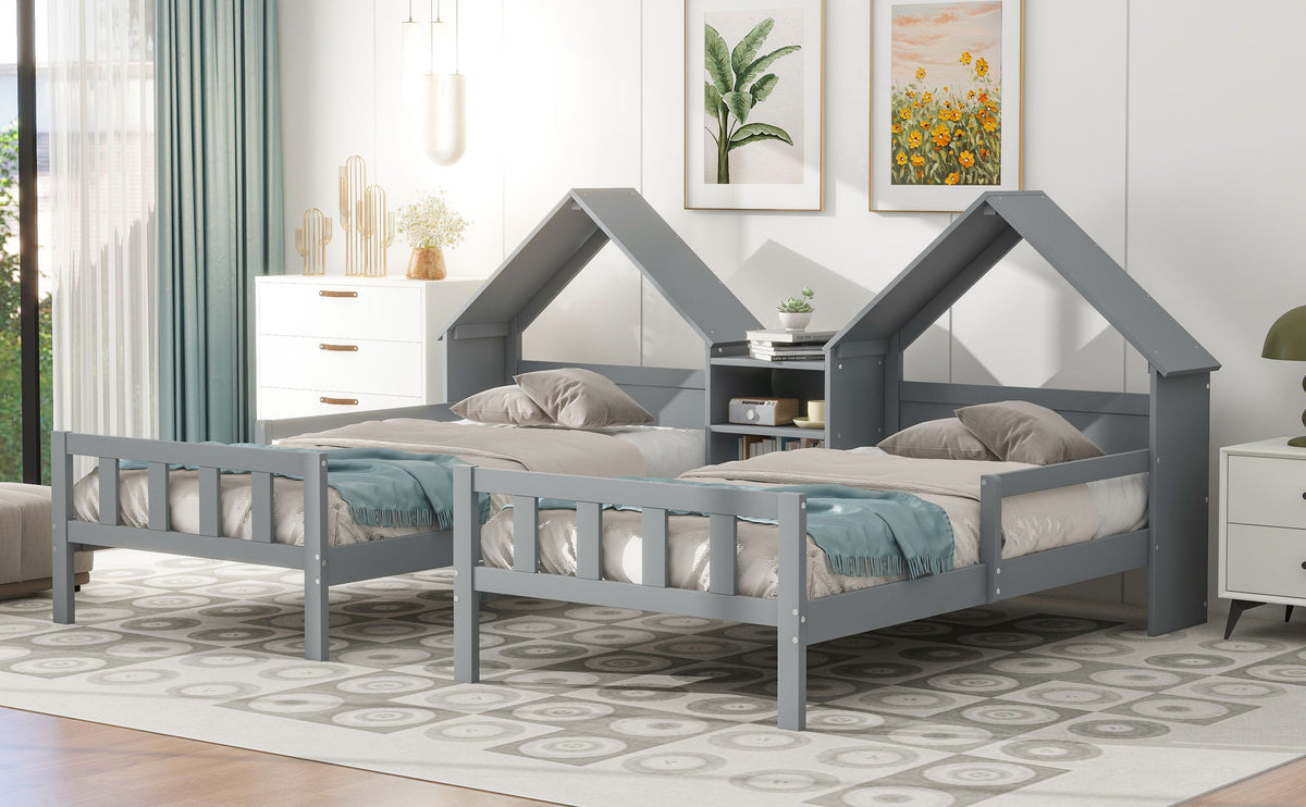 Double Twin Kids Bed with House Headboards and Shelf
