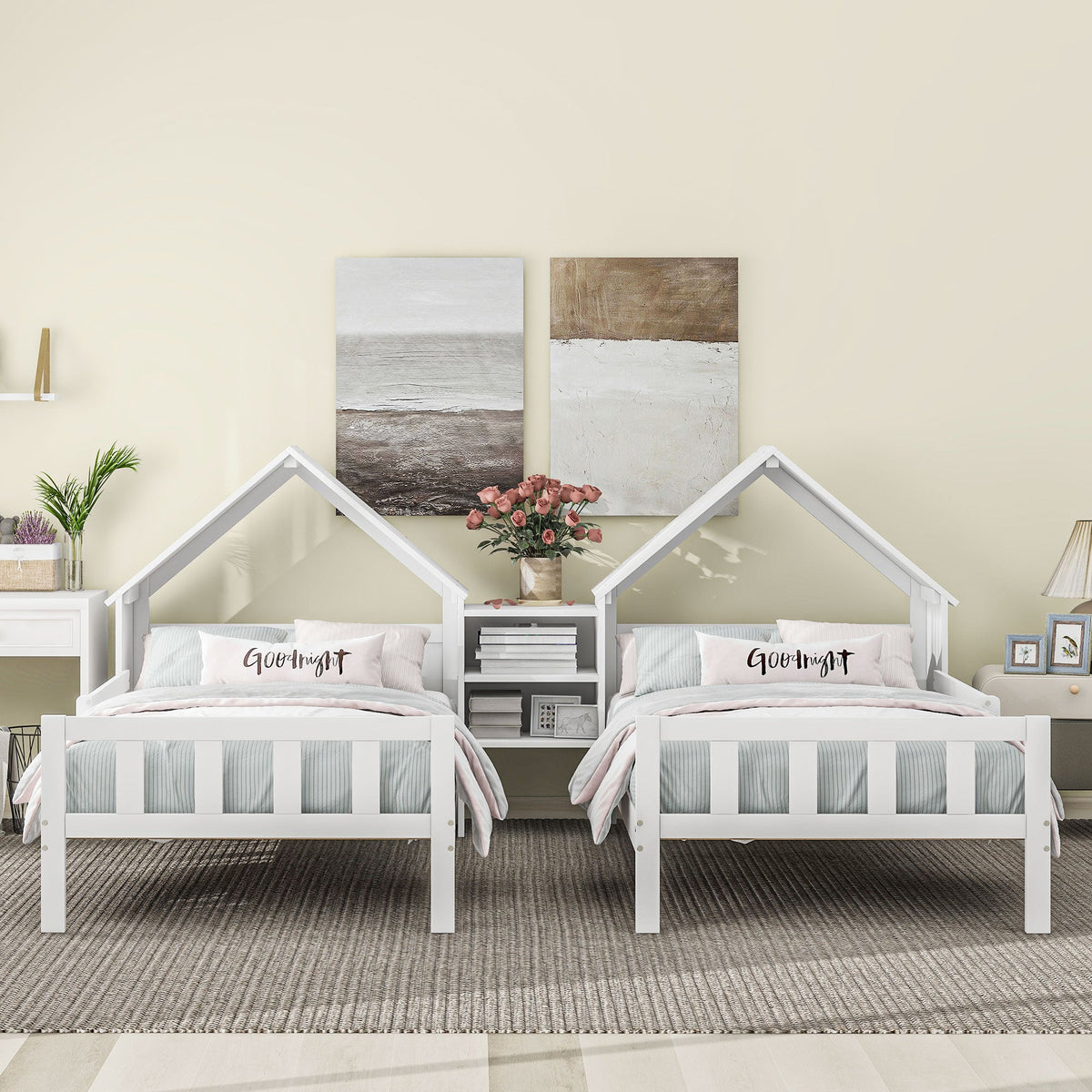 Kids Double Twin Bed Set with Built-in Nightstand, White
