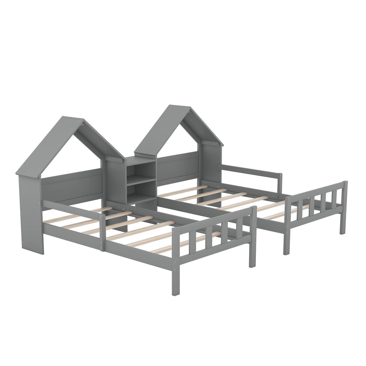 Double Twin Kids Bed with House Headboards and Shelf
