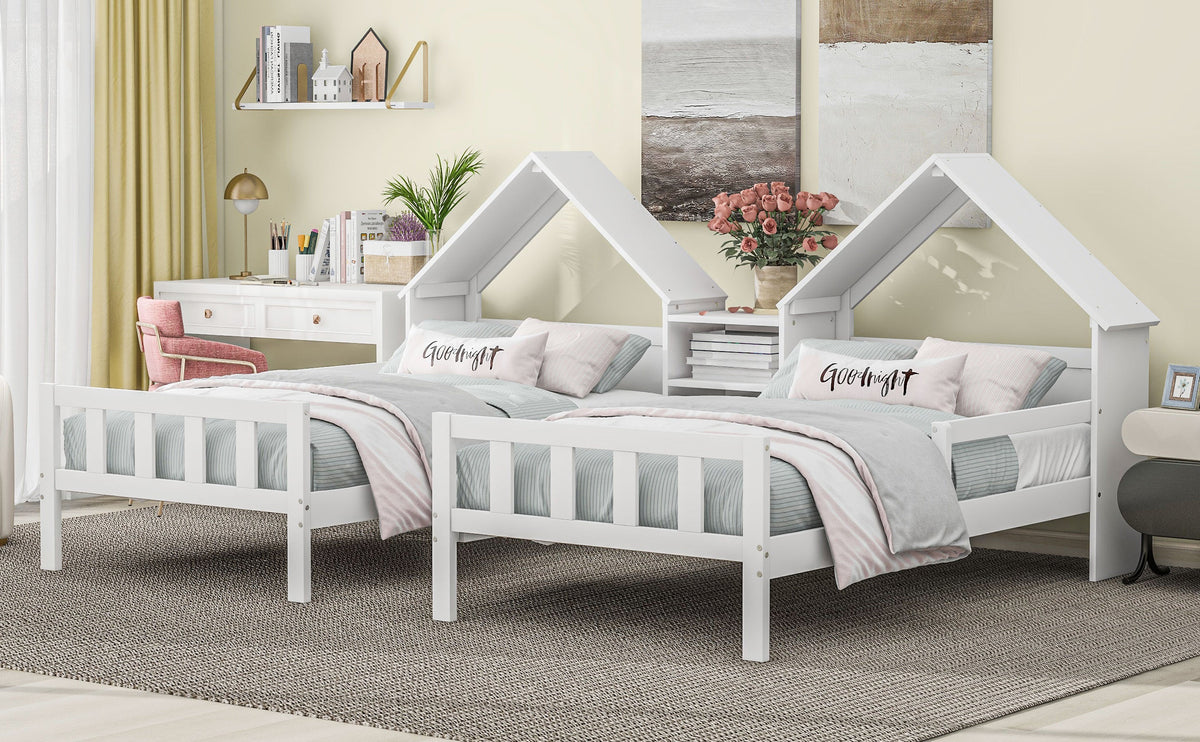 Kids Double Twin Bed Set with Built-in Nightstand, White