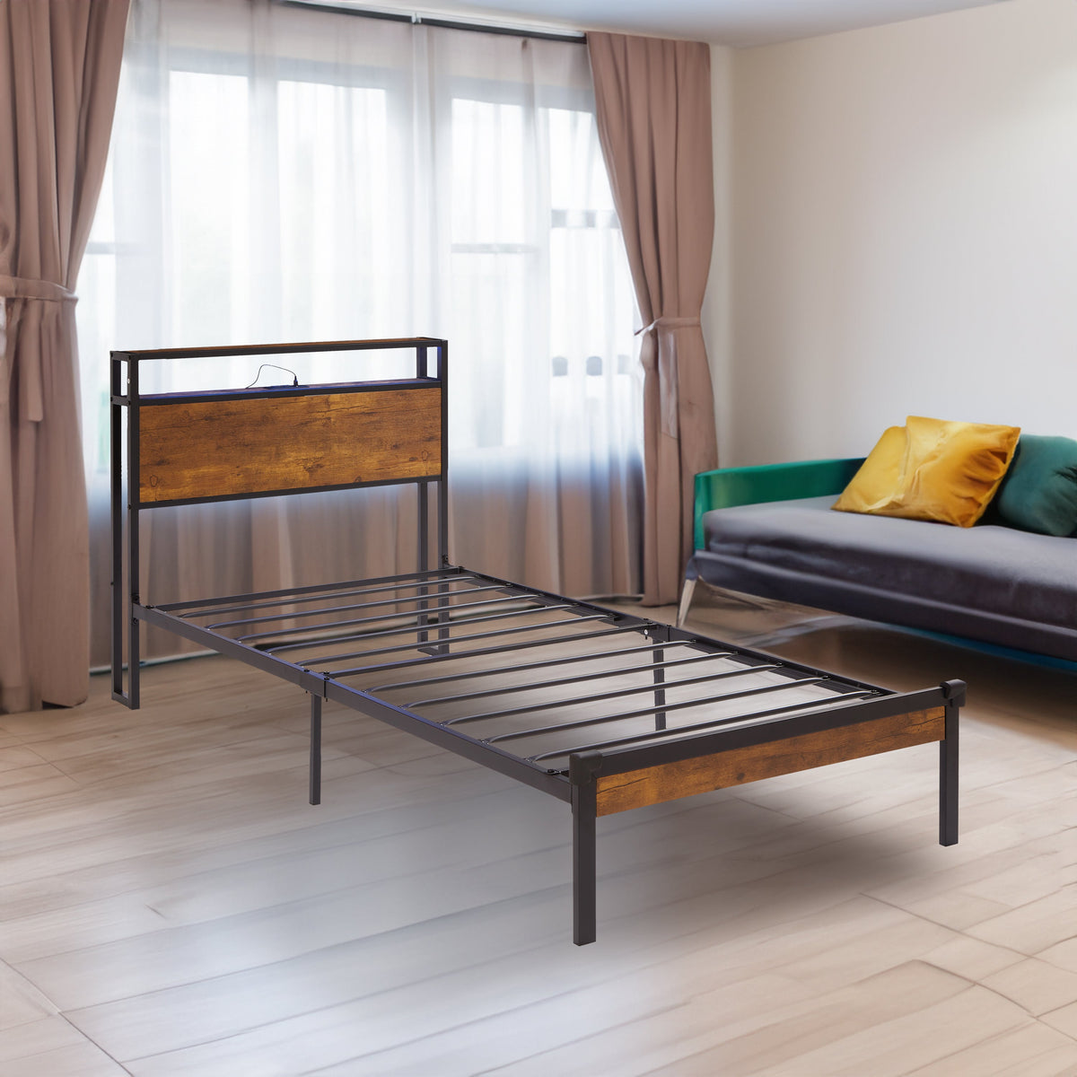 Platform Bed Frame with Headboard Shelf and LED Lights