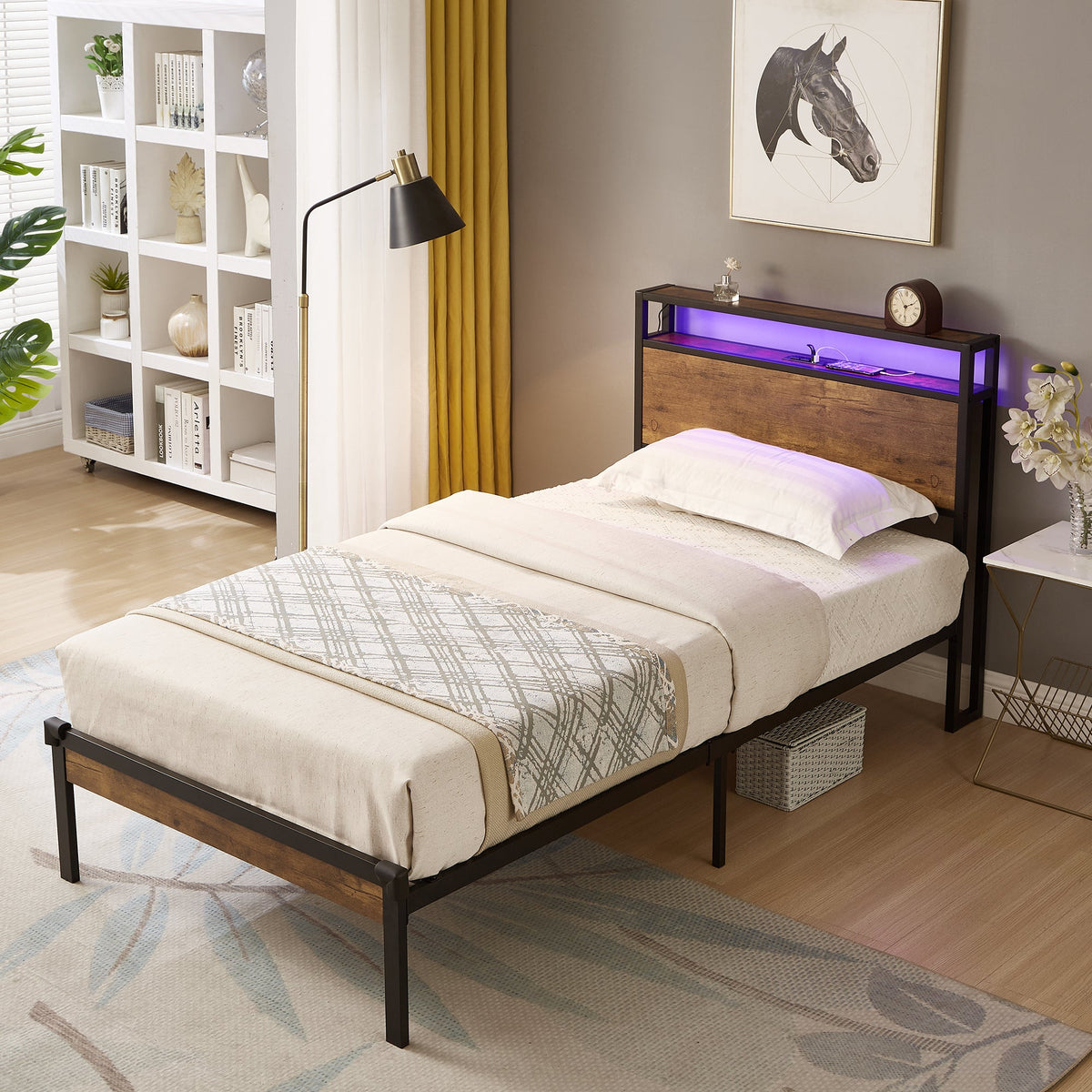 Platform Bed Frame with Headboard Shelf and LED Lights