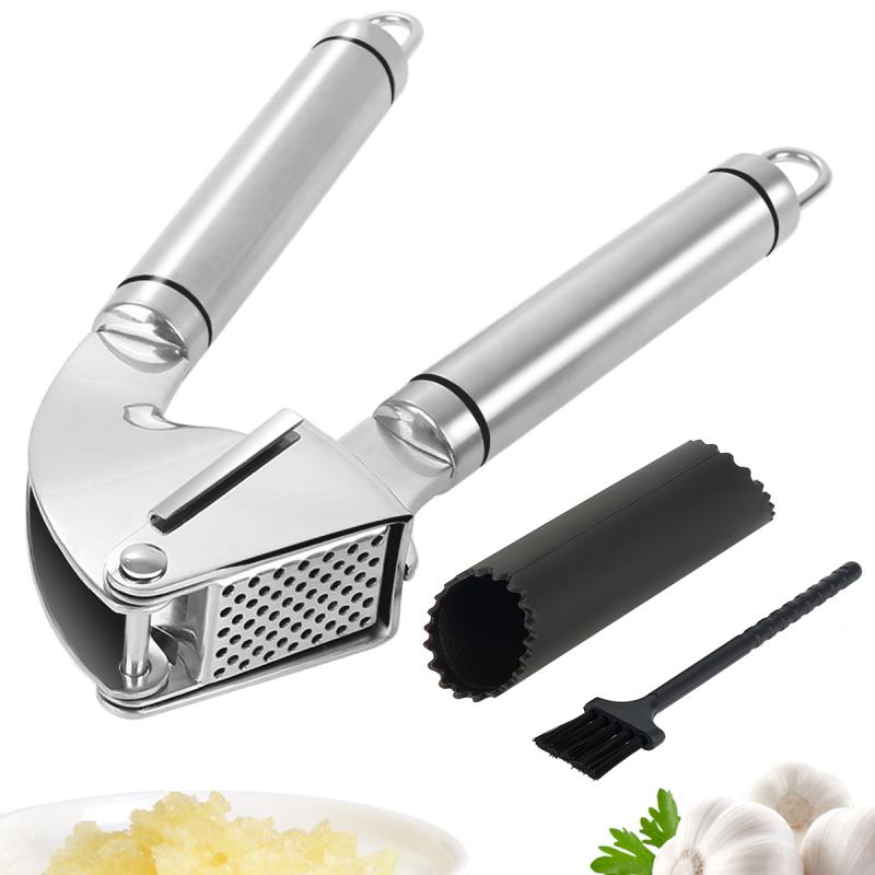 Stainless Steel Garlic Press with Peeler and Brush