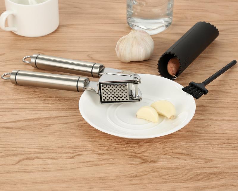 Stainless Steel Garlic Press with Peeler and Brush