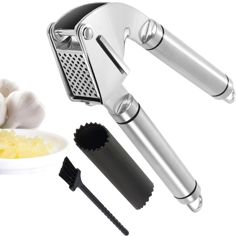 Stainless Steel Garlic Press with Peeler and Brush