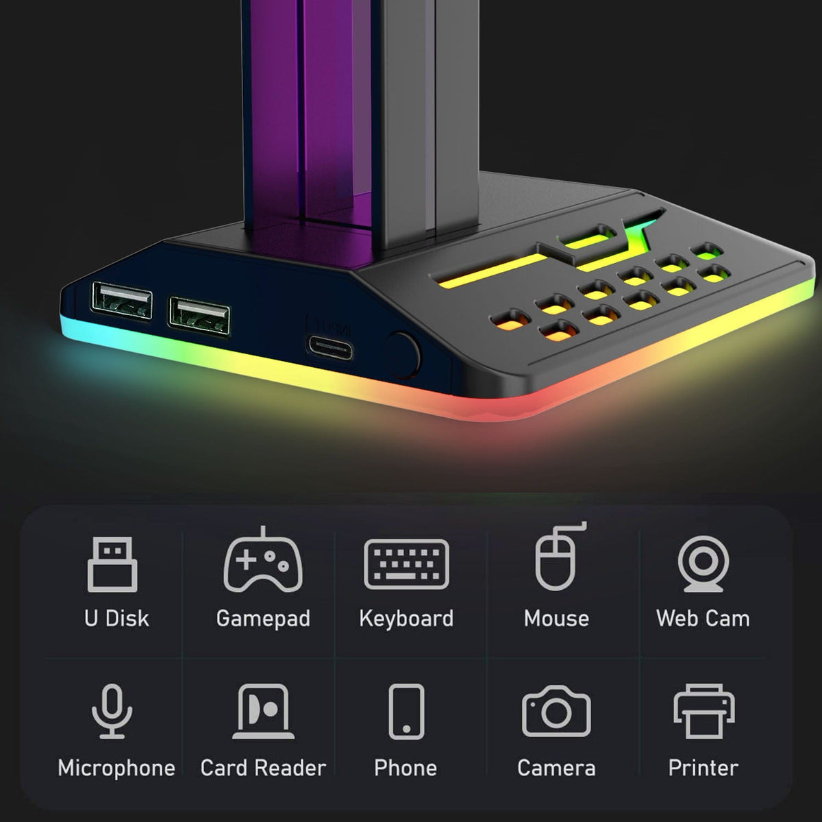 Headphone Stand with RGB Light Pillar and USB Ports