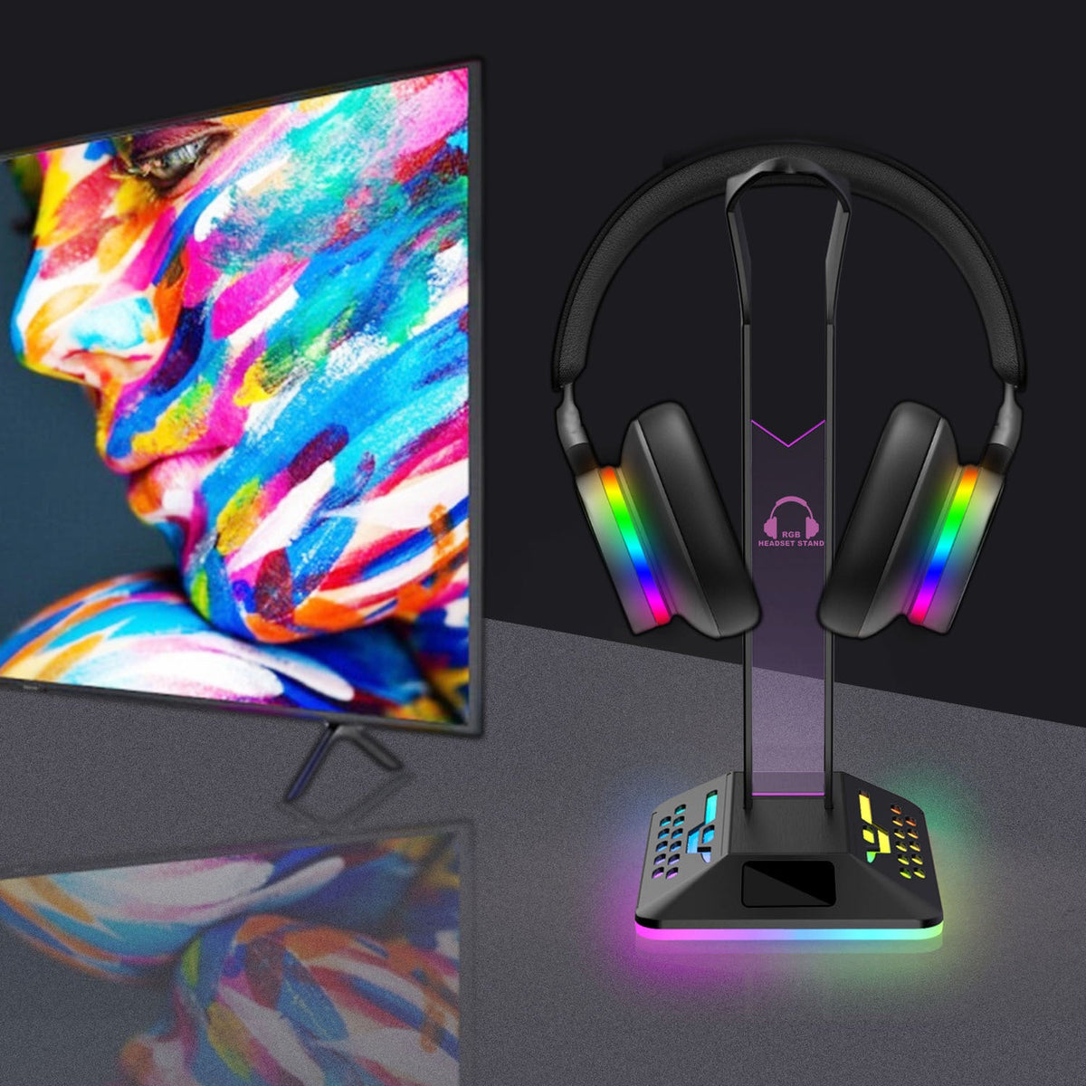 Headphone Stand with RGB Light Pillar and USB Ports