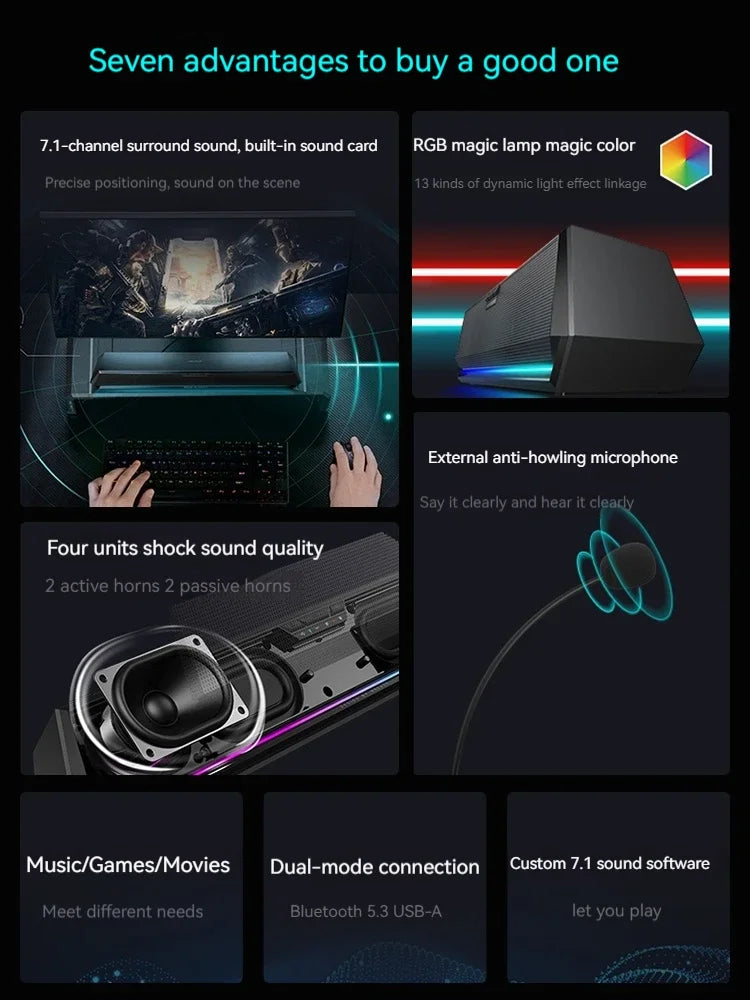 Gaming Soundbar with 7.1 Sound and Built-in Mic