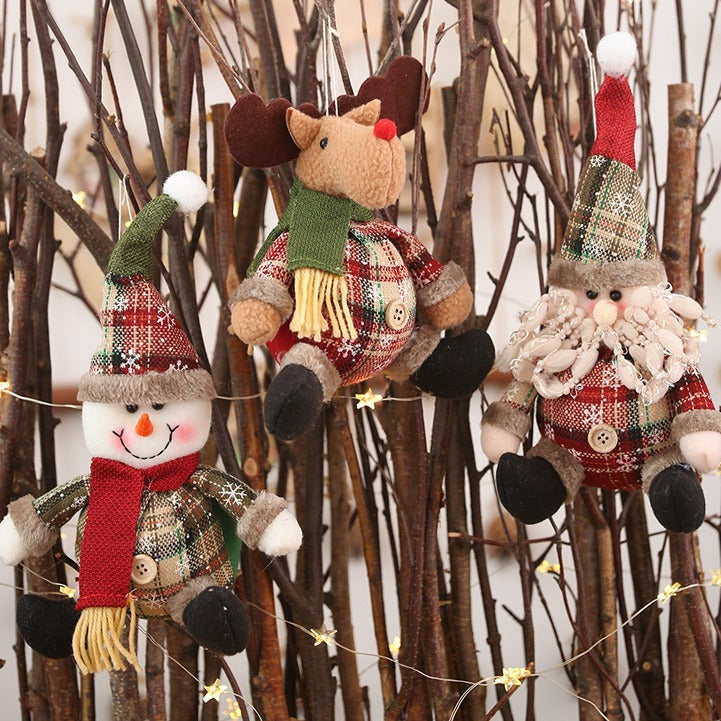 Plush Christmas Pendant Trio - Snowman Elk Santa Doll Set