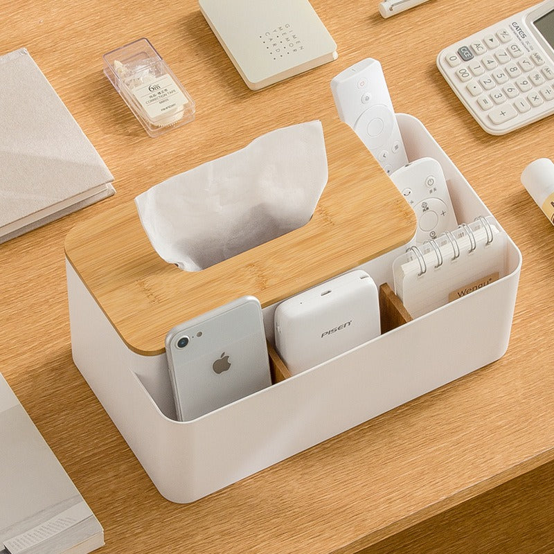 Tissue Box Organizer with Bamboo Lid and Remote Holder
