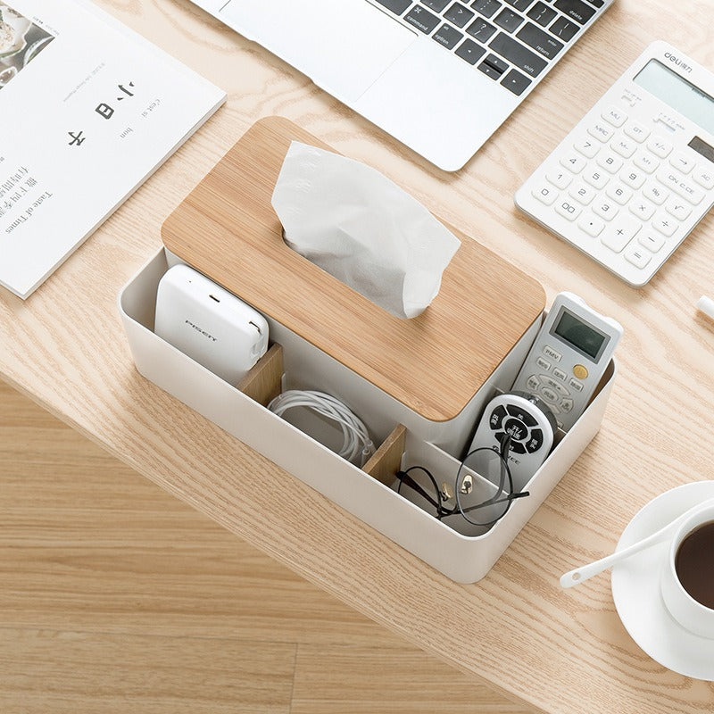 Tissue Box Organizer with Bamboo Lid and Remote Holder