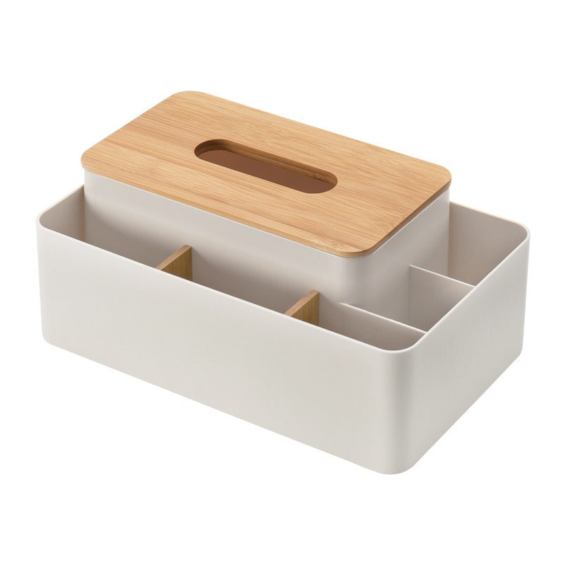 Tissue Box Organizer with Bamboo Lid and Remote Holder