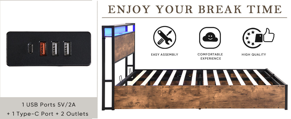 Full Size Storage Bed Frame with Bookshelf Headboard