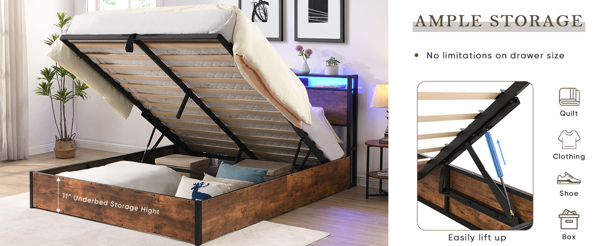 Full Size Storage Bed Frame with Bookshelf Headboard