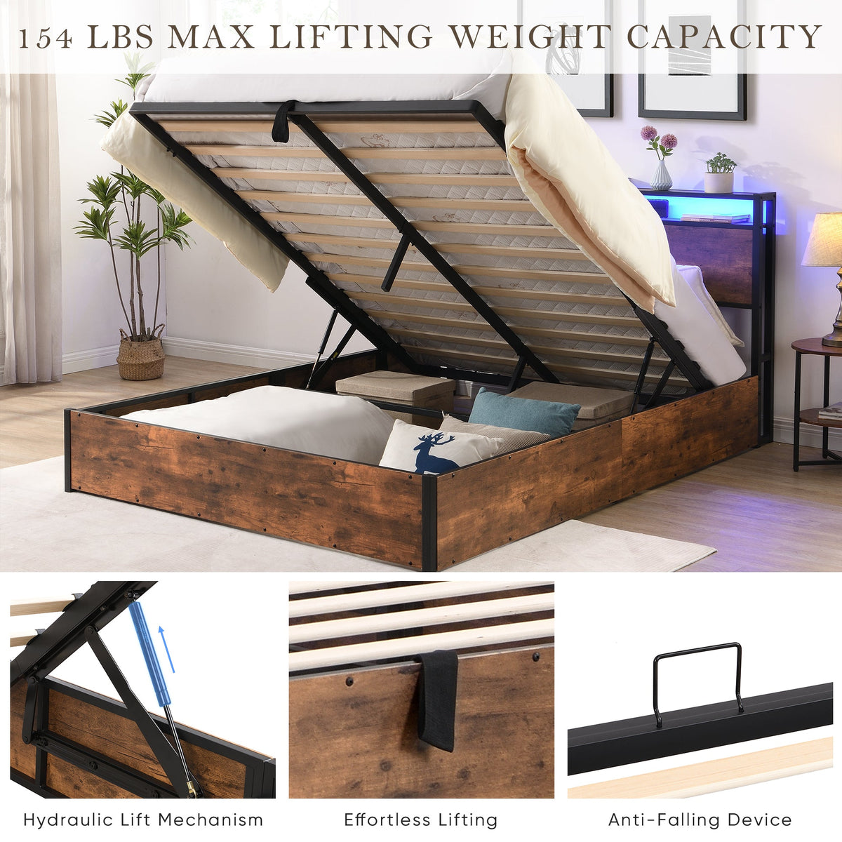 Full Size Storage Bed Frame with Bookshelf Headboard