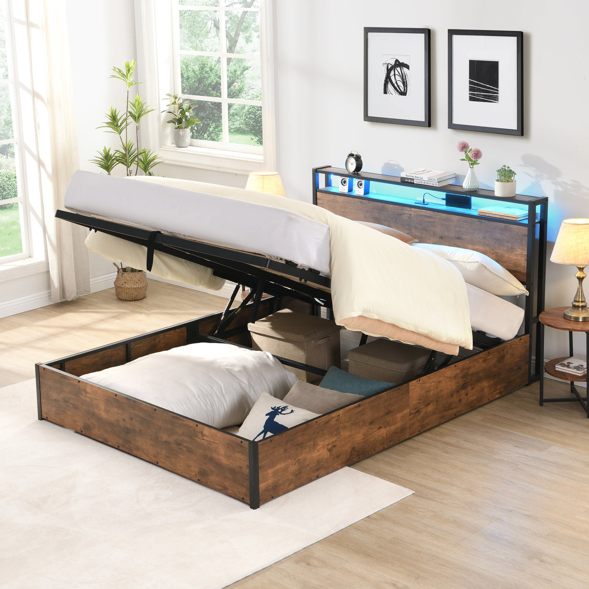 Full Size Storage Bed Frame with Bookshelf Headboard