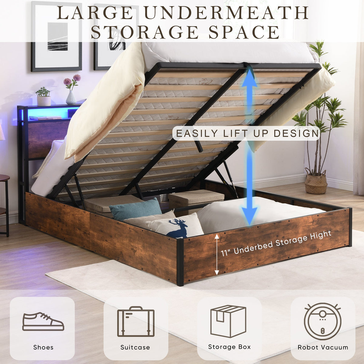 Full Size Storage Bed Frame with Bookshelf Headboard