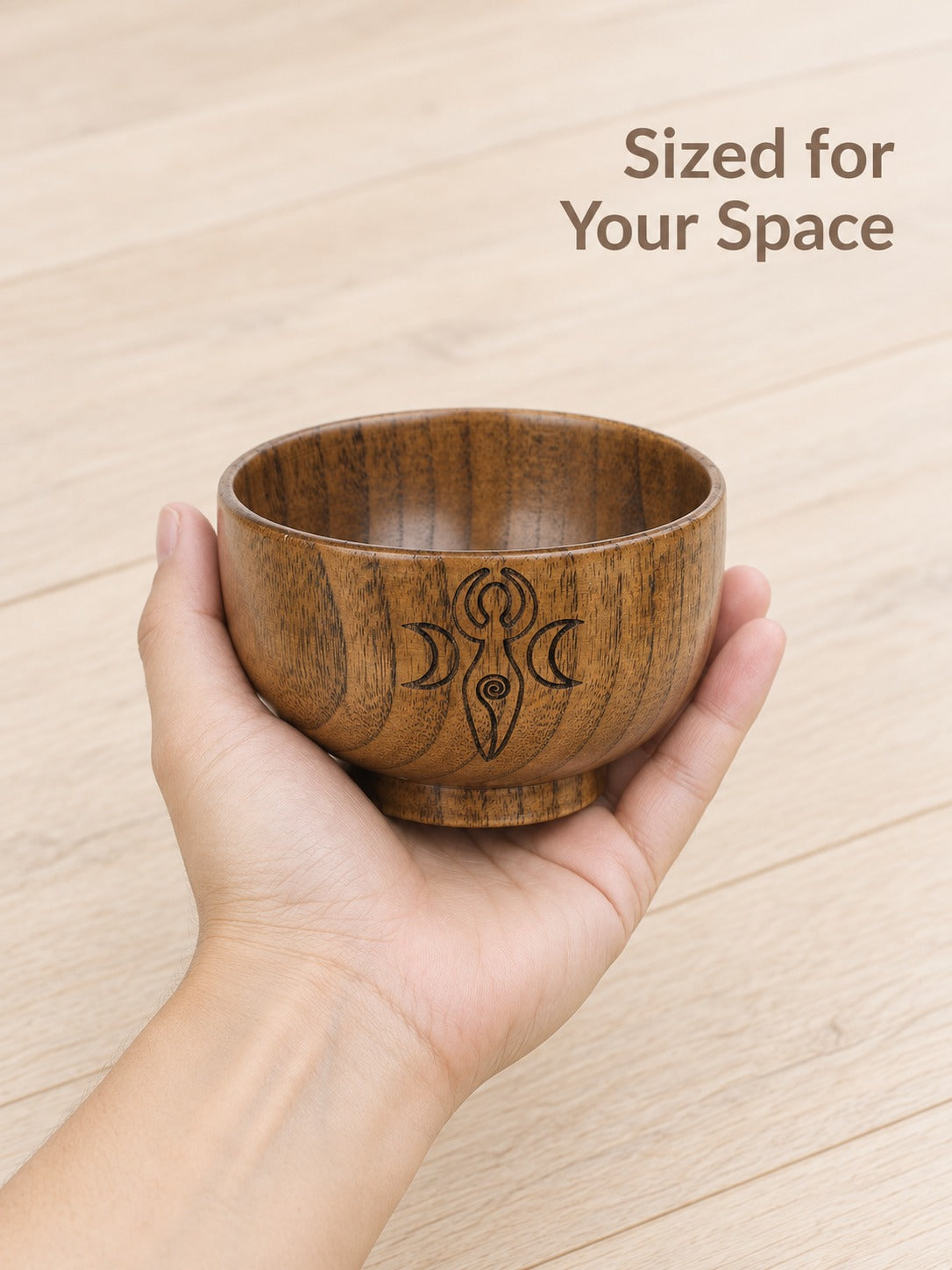 Engraved Wooden Pentagram Altar Bowl with Triple Moon