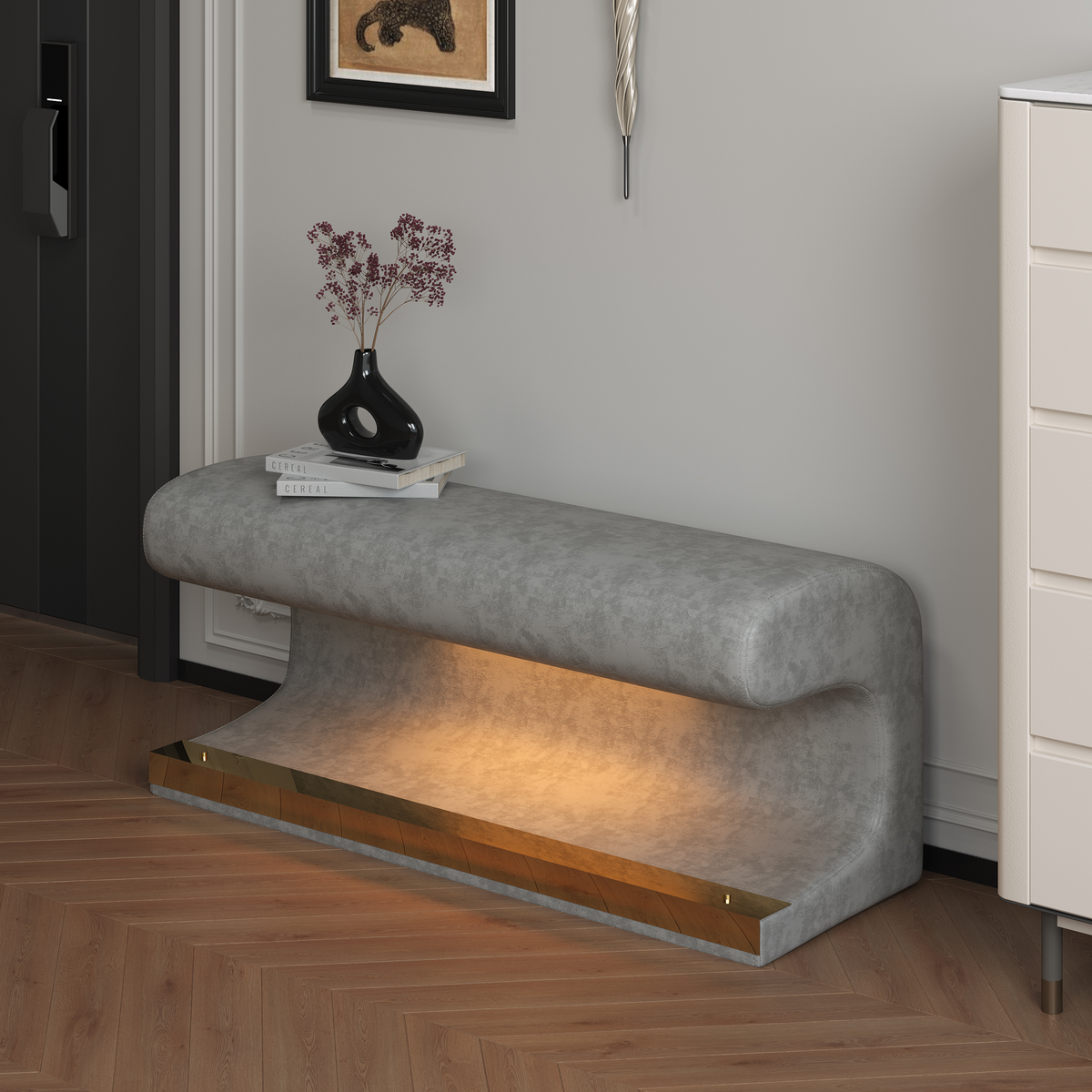 Upholstered Entryway Bench with Sensor LED Light Strip