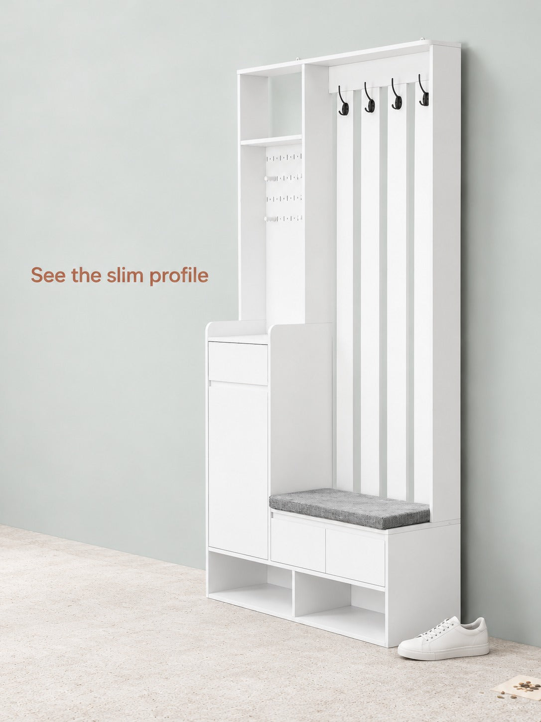 Entryway Shoe Cabinet Bench with Coat Hooks & Key Board