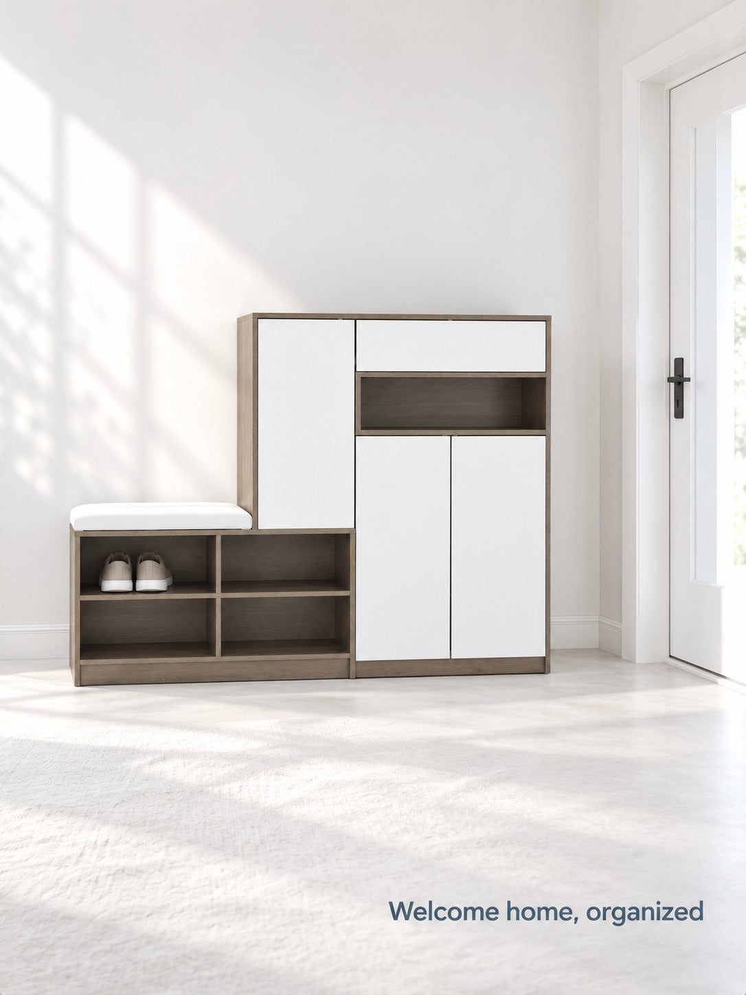 Entryway Shoe Cabinet with Cushioned Bench Seat, White