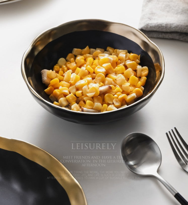 Matte Black Ceramic Bowl with Gold Rim for Western Tables