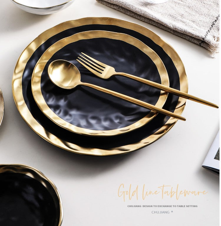 Matte Black Ceramic Bowl with Gold Rim for Western Tables