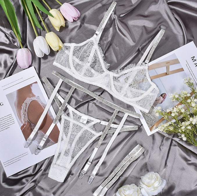 Sheer Lace Lingerie Set With Sparkling Garter Detail