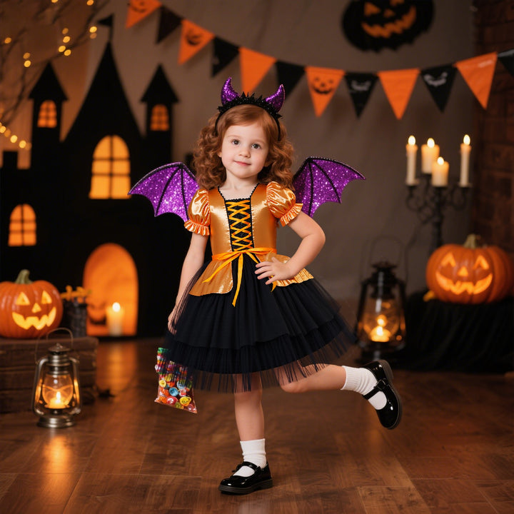 Girls Halloween Princess Dress – Orange Black Gown