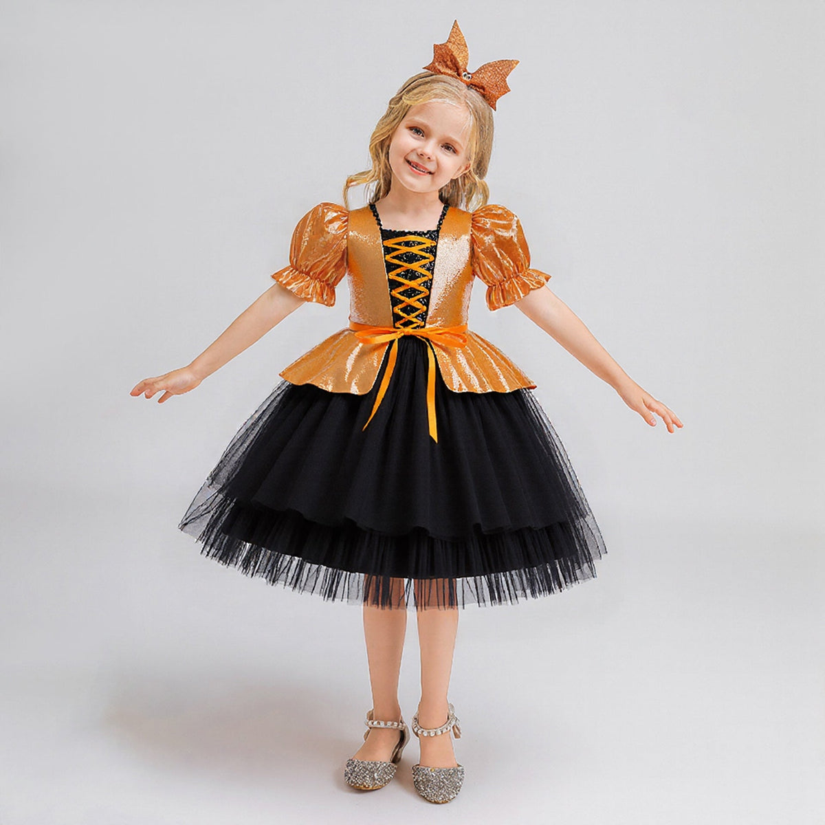 Girls Halloween Princess Dress – Orange Black Gown