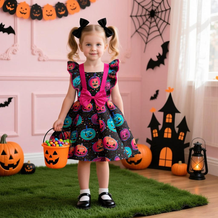 Girls’ Halloween Princess Satin Dress With Pumpkin Print
