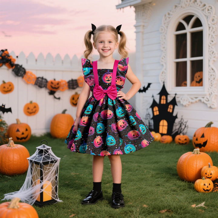 Girls’ Halloween Princess Satin Dress With Pumpkin Print