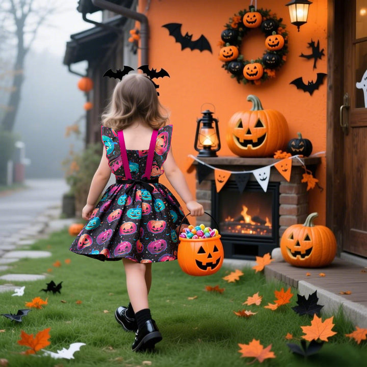 Girls’ Halloween Princess Satin Dress With Pumpkin Print