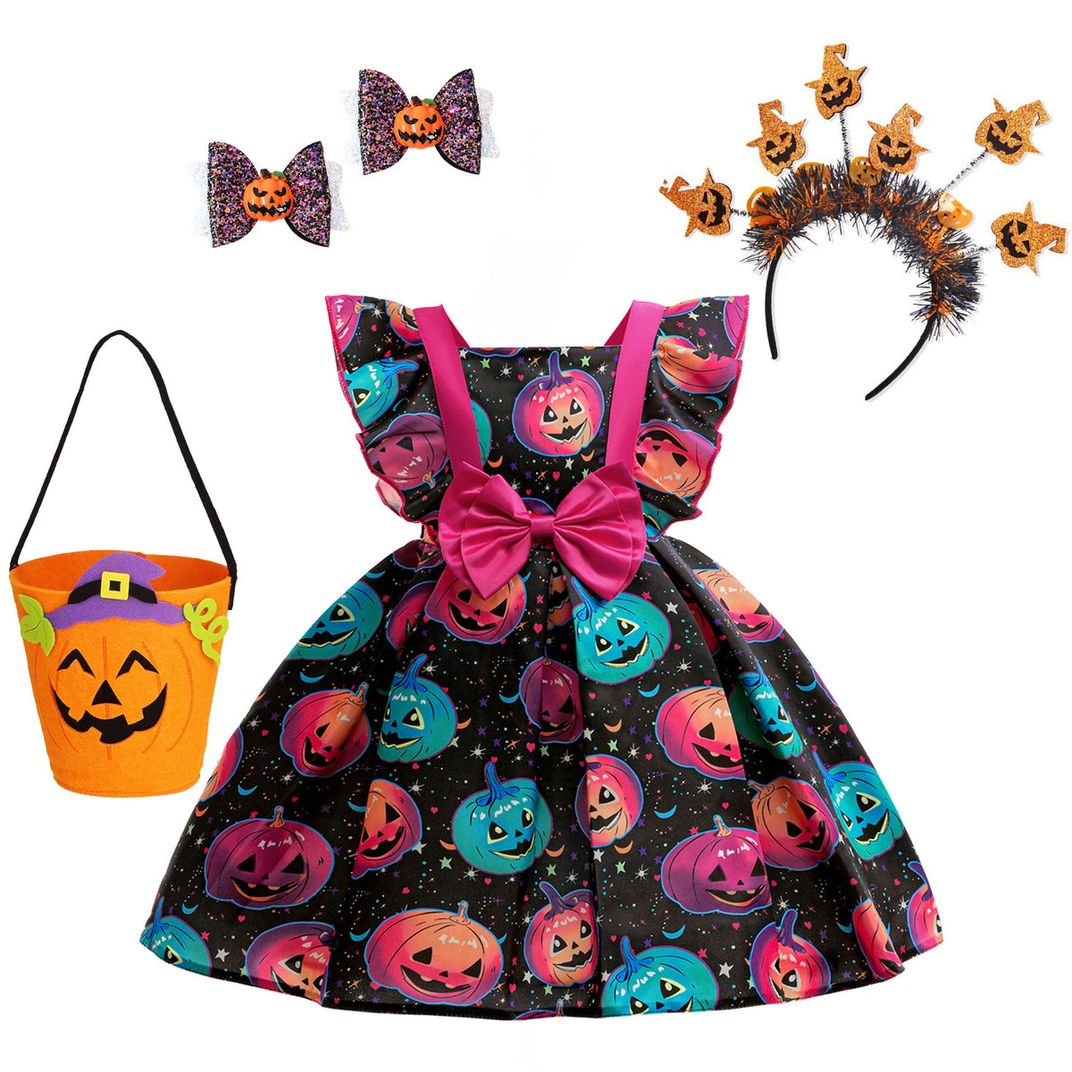 Girls’ Halloween Princess Satin Dress With Pumpkin Print