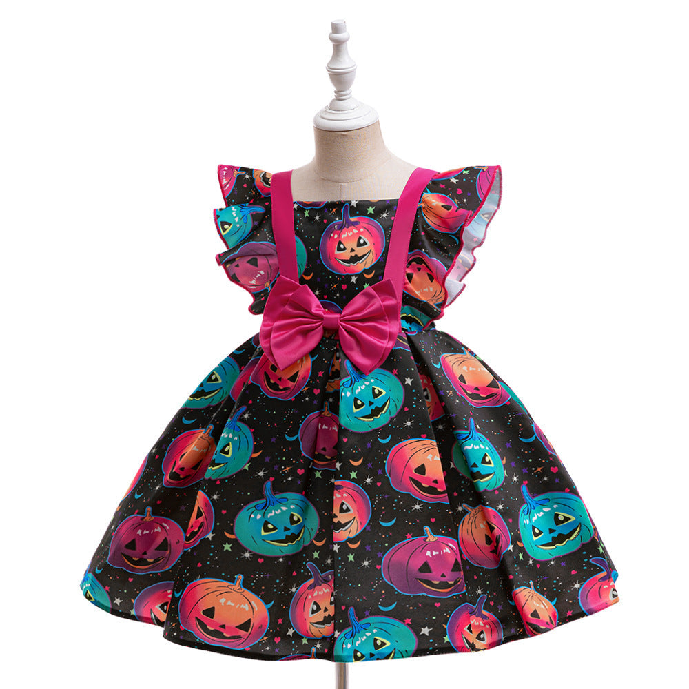 Girls’ Halloween Princess Satin Dress With Pumpkin Print