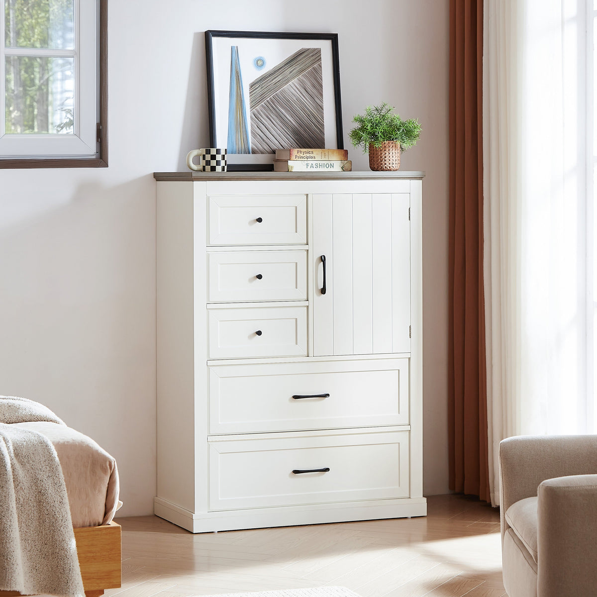 Farmhouse 5 Drawer Dresser with Cabinet Door for Bedroom