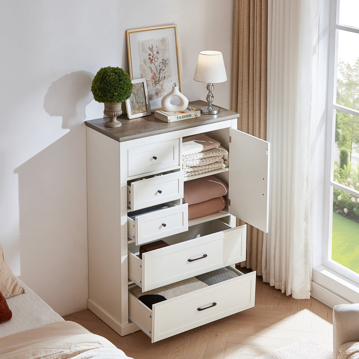 Farmhouse 5 Drawer Dresser with Cabinet Door for Bedroom
