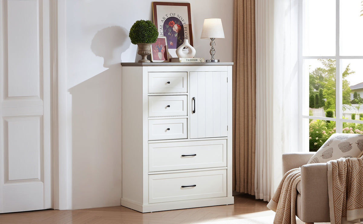 Farmhouse 5 Drawer Dresser with Cabinet Door for Bedroom