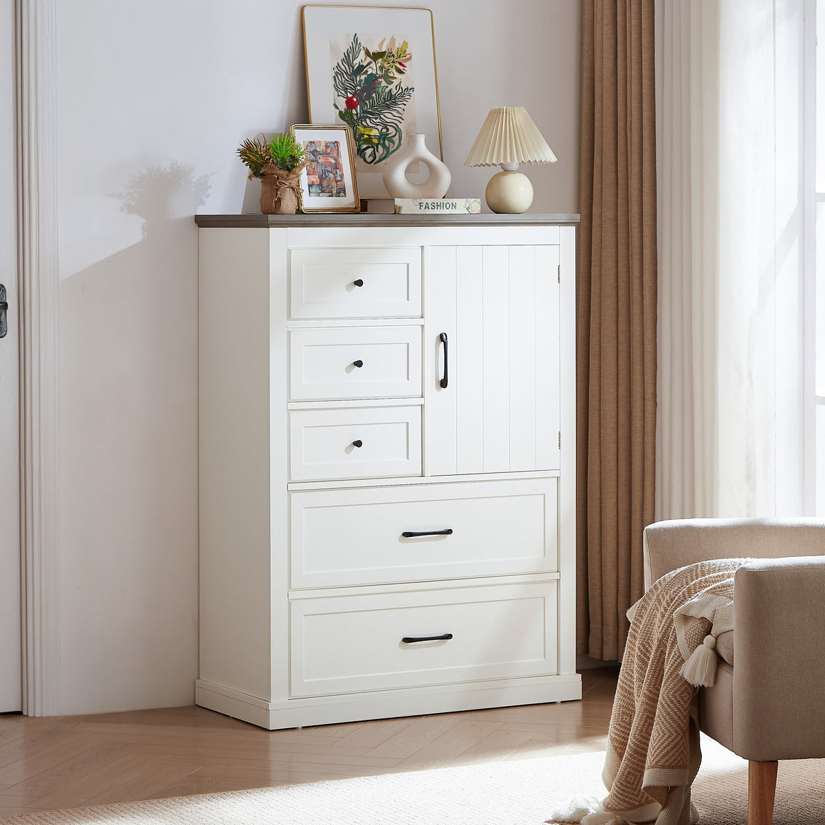 Farmhouse 5 Drawer Dresser with Cabinet Door for Bedroom