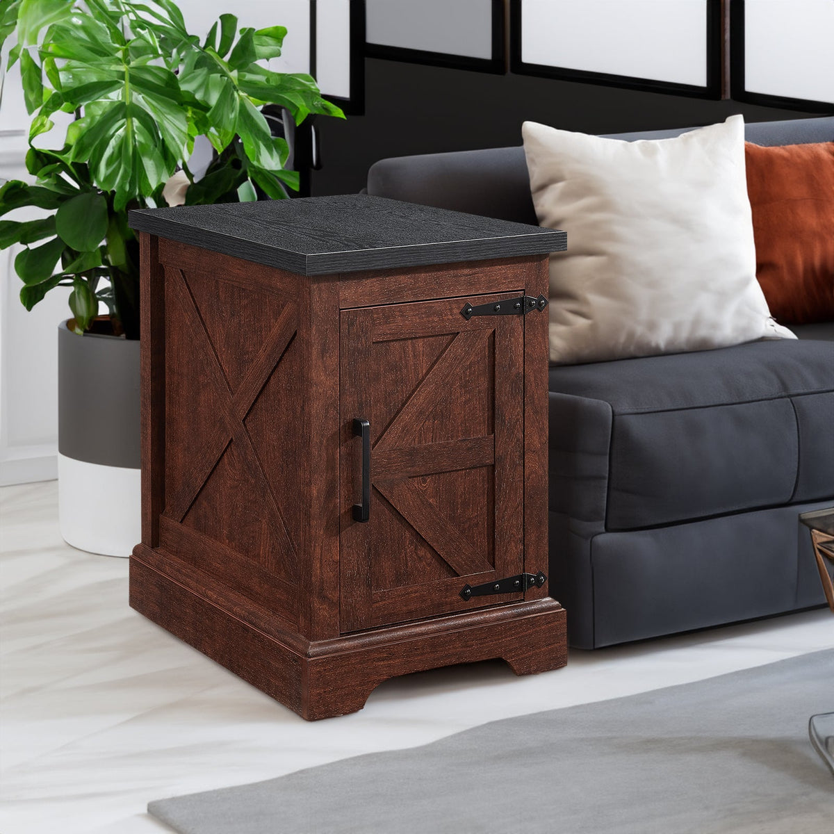 Farmhouse Bedside Table with Hidden Barn Door Storage