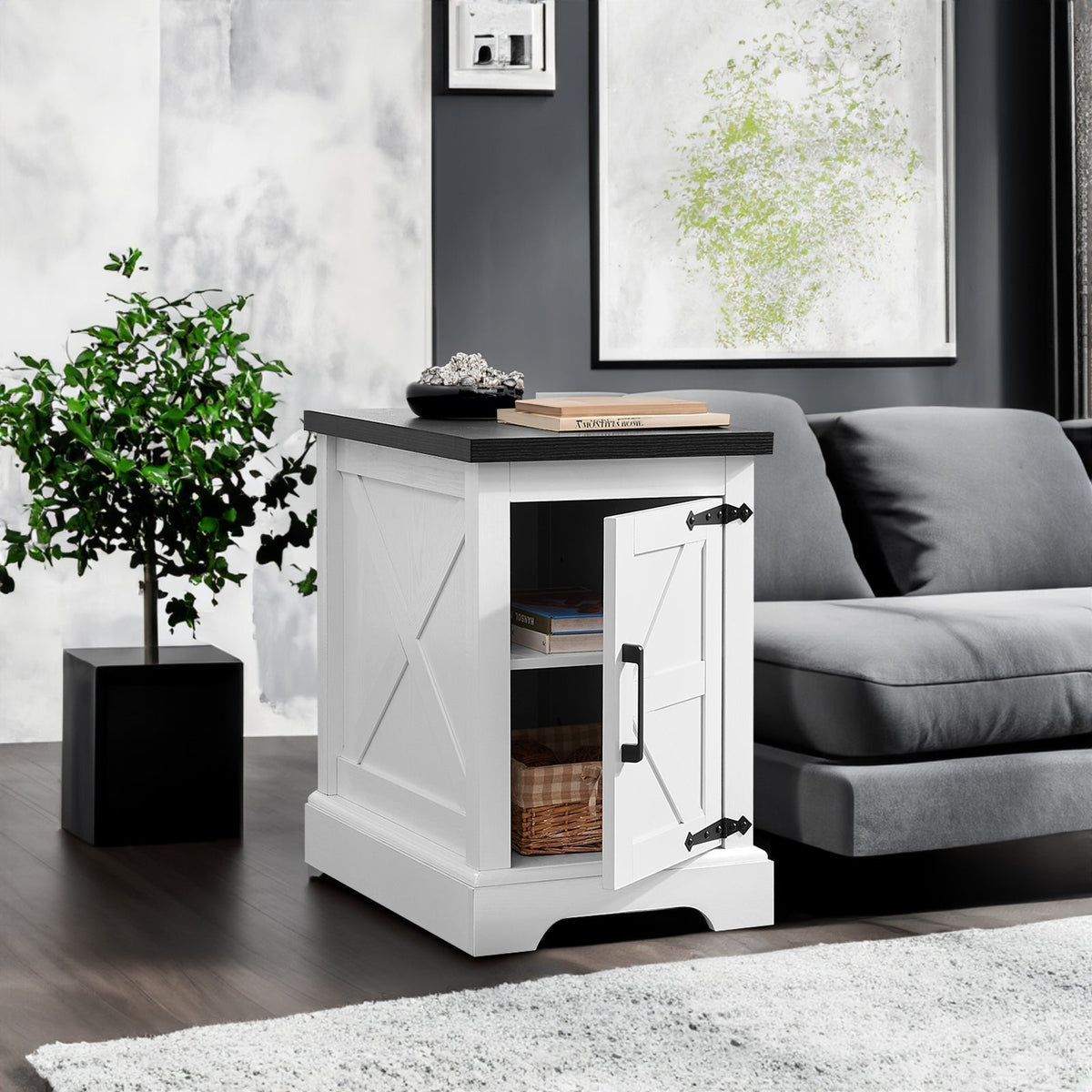 Farmhouse Tea Table with Barn Door and Hidden Storage
