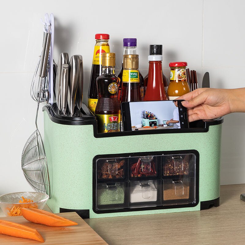 Kitchen Condiment Organizer with Knife & Spice Storage