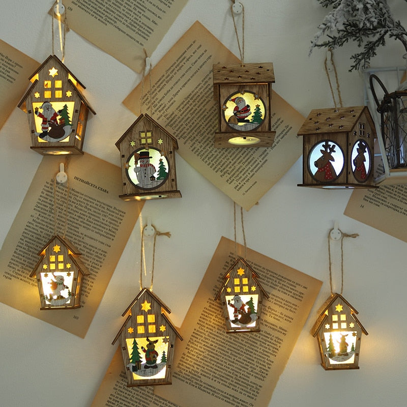 Wooden Christmas House Ornaments With Warm LED Glow