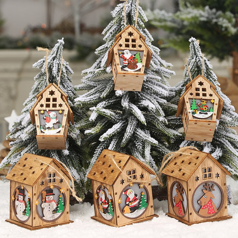 Wooden Christmas House Ornaments With Warm LED Glow